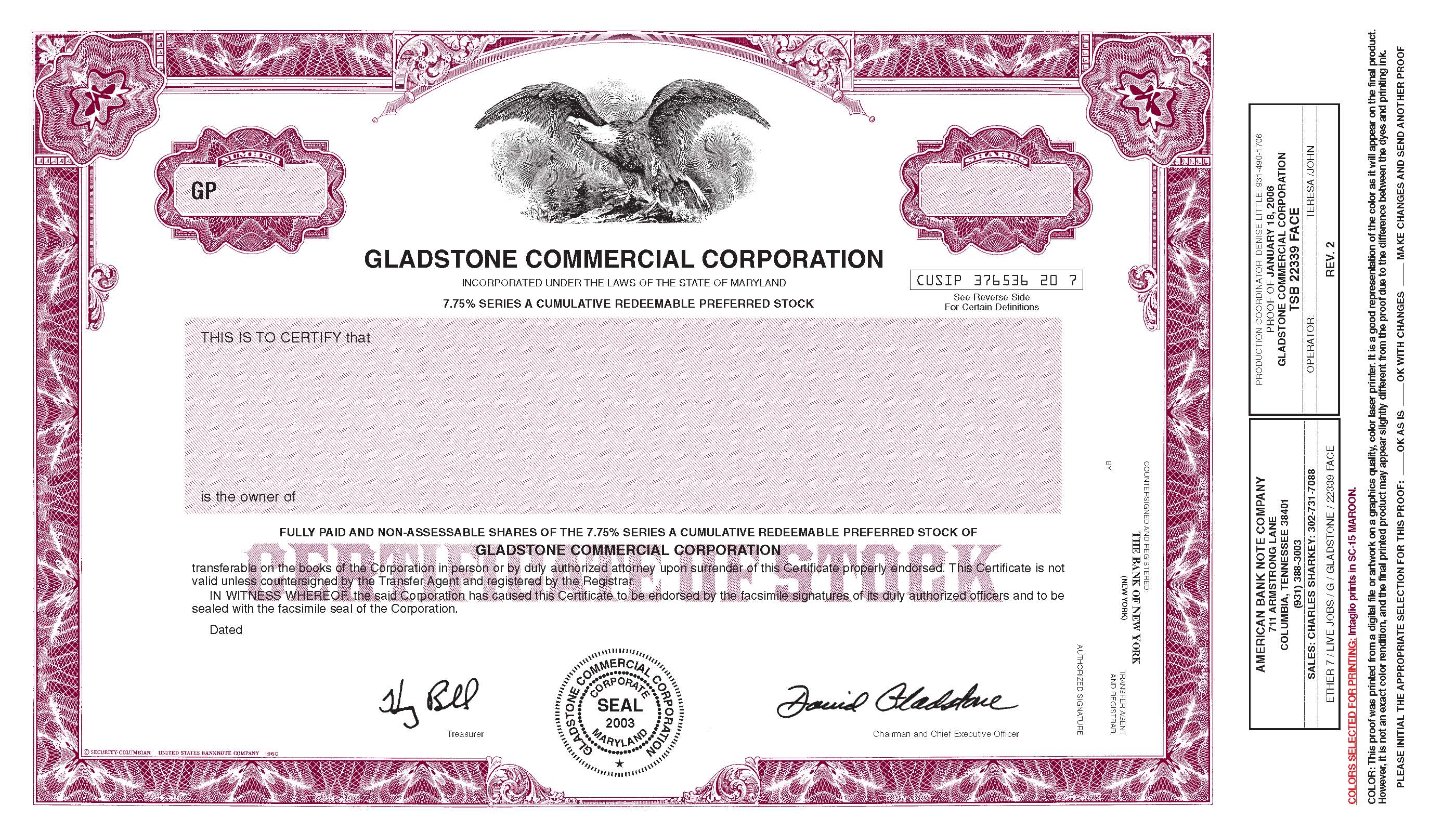 (CERTIFICATE OF STOCK)